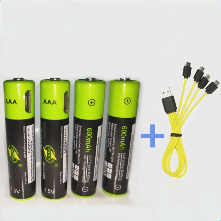 ZNTER AAA Аккумуляторная Батарея 1.5 V AAA 600mAh USB Зарядка Литиевая Батарея Bateria с кабелем Micro USB