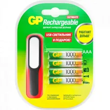 Аккумуляторы GP AAA (HR03), 1000 мАч 4 шт. + USBLED фонарь (GP100AAAHC/USBLED-2CR4)